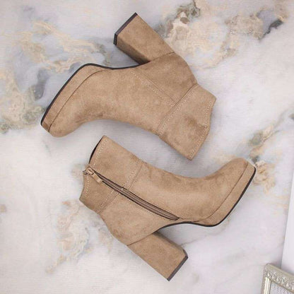 Insulated suede ankle boots with a high heel and platform M.Daszyński W SAN24B, beige