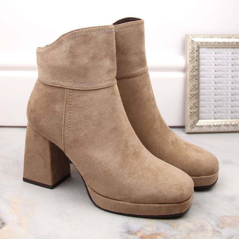Insulated suede ankle boots with a high heel and platform M.Daszyński W SAN24B, beige