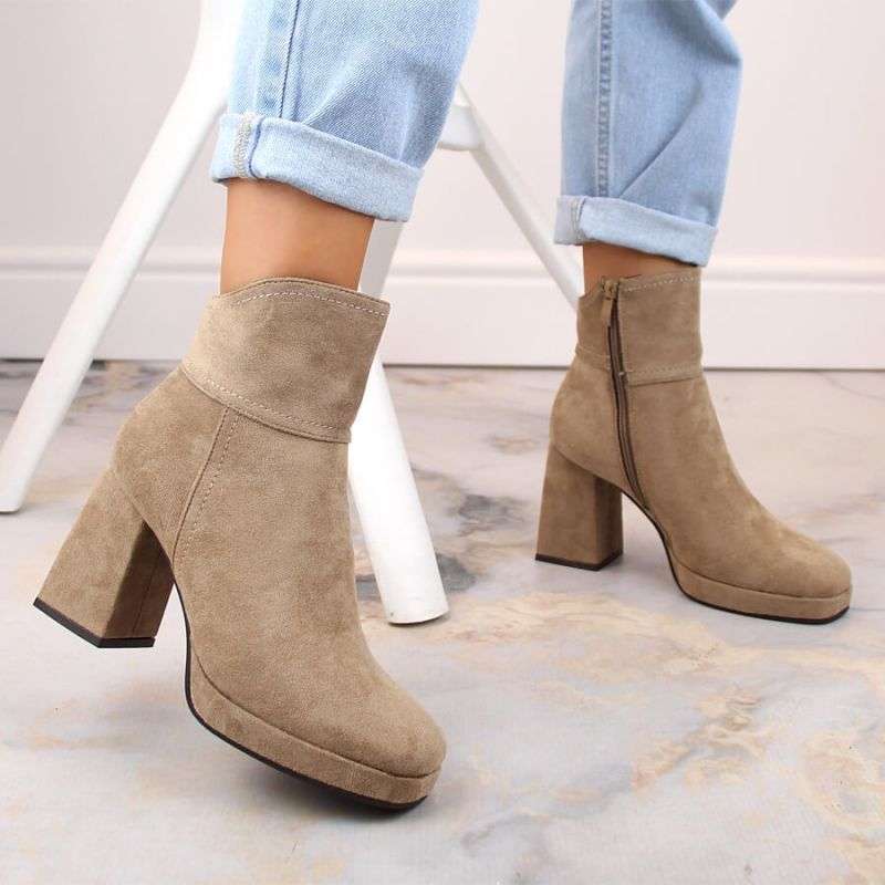 Insulated suede ankle boots with a high heel and platform M.Daszyński W SAN24B, beige