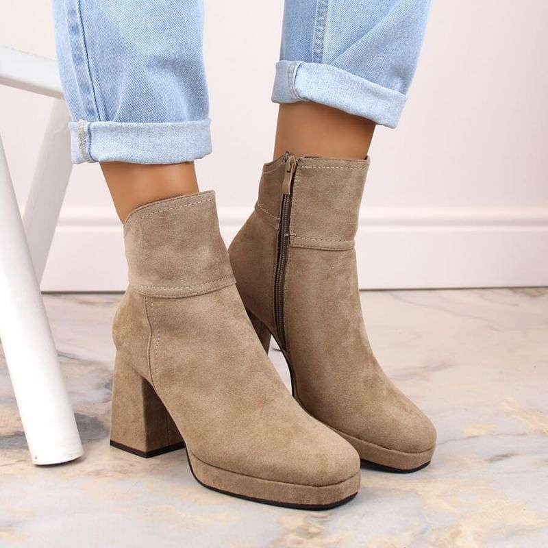 Insulated suede ankle boots with a high heel and platform M.Daszyński W SAN24B, beige